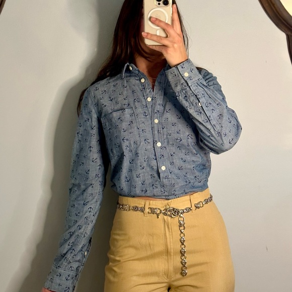 NWT J. Crew Blue Nautical Anchor Print 1/2 Button Down 100% Cotton (Size: Small) - Picture 2 of 5